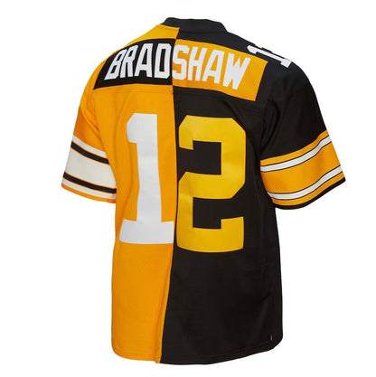 P.Steelers #12 Terry Bradshaw Mitchell & Ness 1976 Split Legacy Replica Jersey - Black/Gold Stitched American Football Jerseys