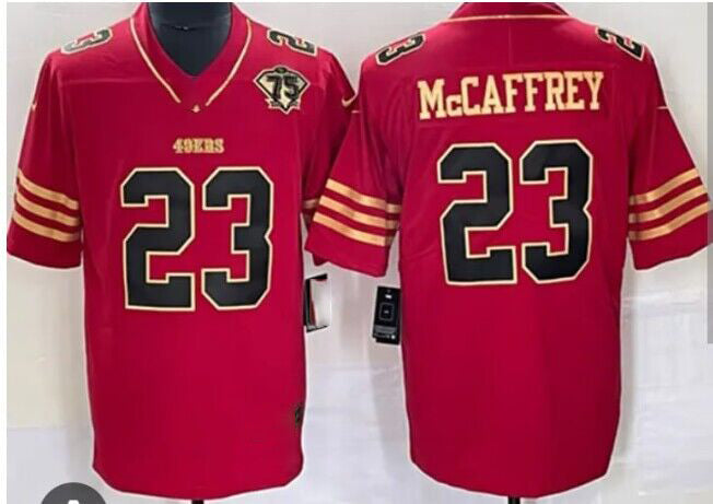 SF.49ers #23 Christian McCaffrey Red 75th Scarlet Game Player Jersey Stitched American Football Jerseys