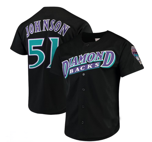 #51 Randy Johnson Arizona Diamondbacks Mitchell & Ness Fashion Cooperstown Collection Mesh Batting Practice Jersey - Black Stitches Baseball Jerseys