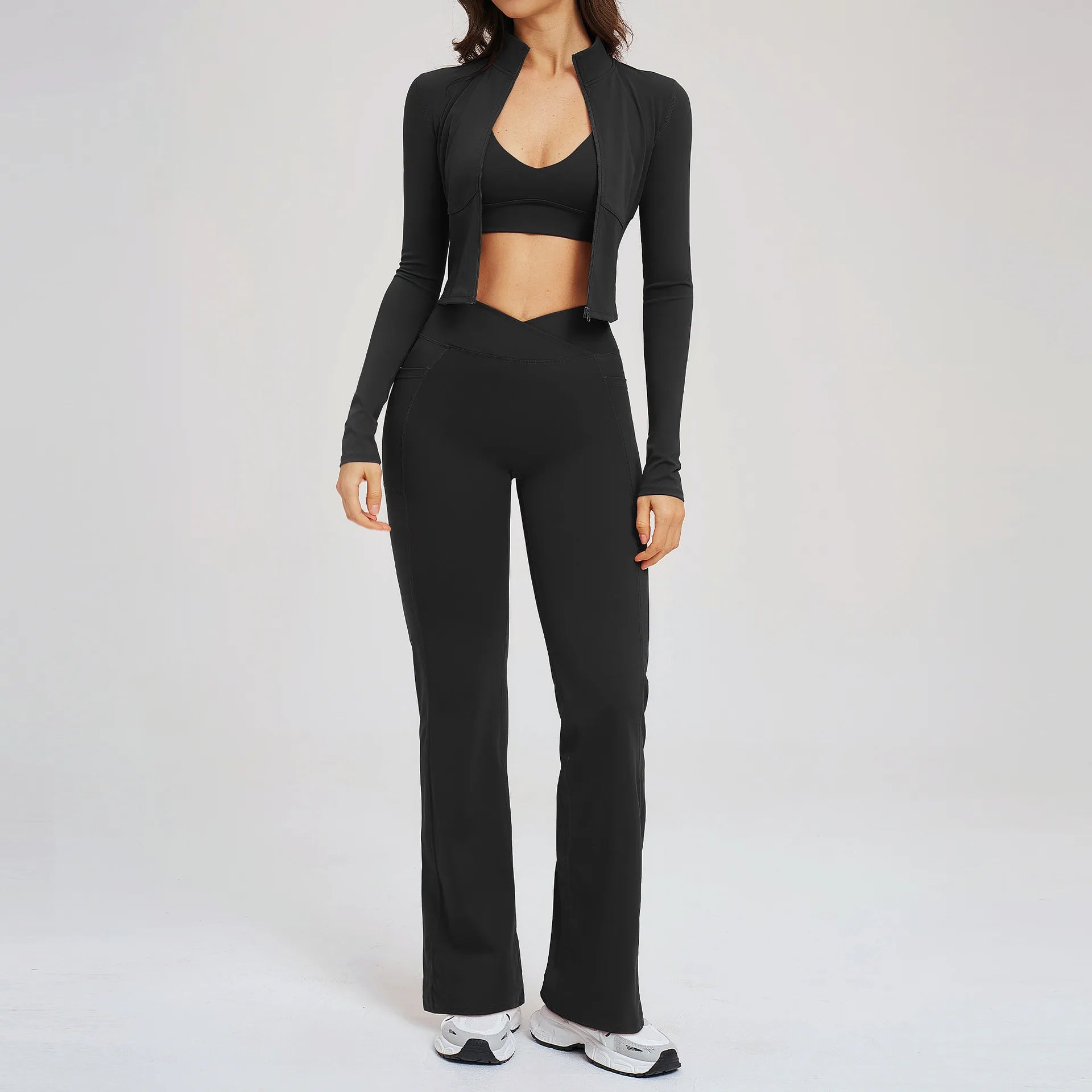 Yoga Set Workout Clothes 3PCS Women Tracksuit Sportswear Athletic Wear Gym Legging Fitness Bra Crop Top Long Sleeve Sports Suits