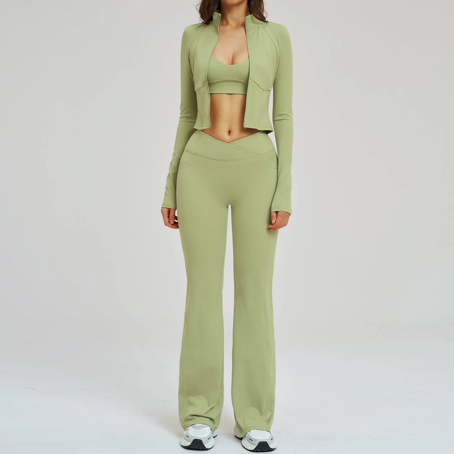 Yoga Set Workout Clothes 3PCS Women Tracksuit Sportswear Athletic Wear Gym Legging Fitness Bra Crop Top Long Sleeve Sports Suits