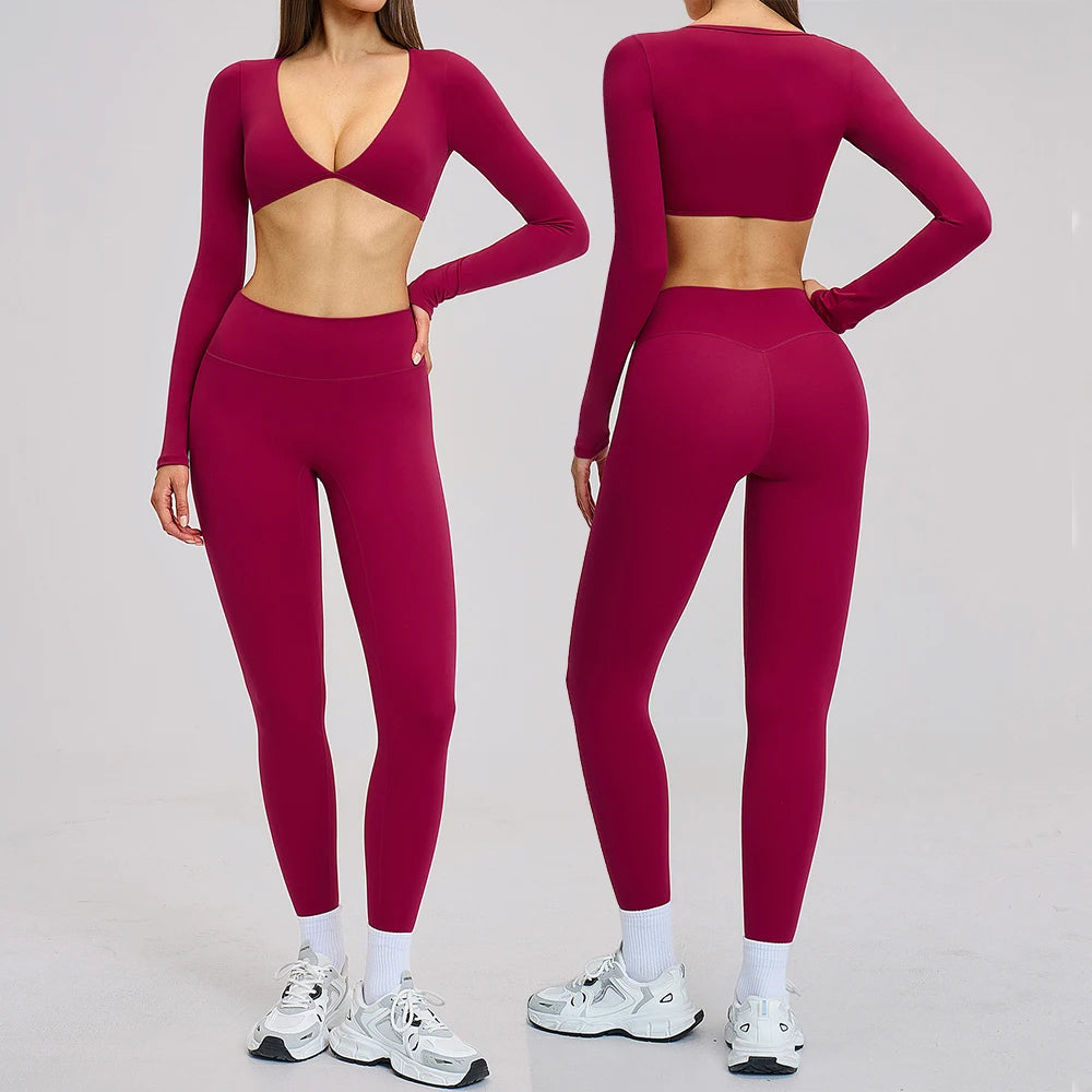 2PCS Yoga Suit Women Tracksuit Sports Set Gym Outfits Running Workout Clothes Long Sleeve Sports Bra Athletic Wear Yoga Clothing