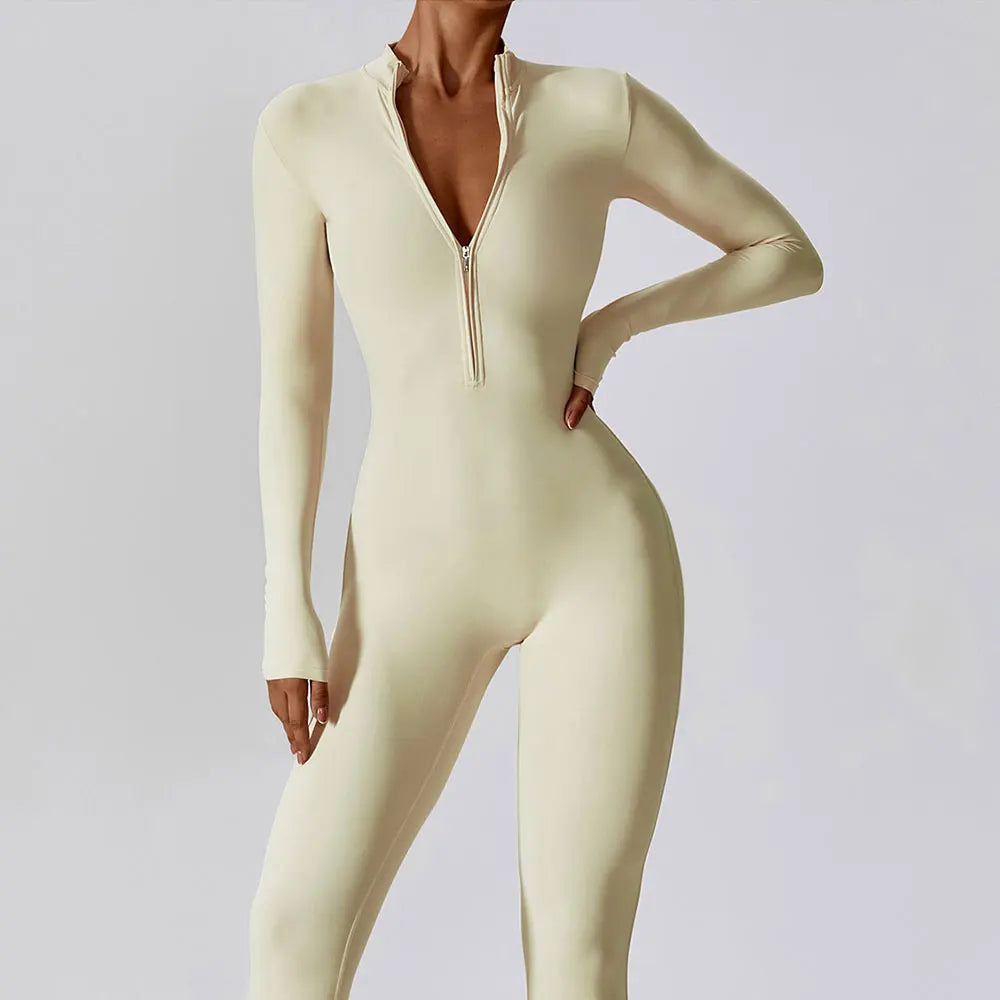 Women's Yoga Boilersuit Long Sleeved Sportswear Gym Zipper Jumpsuits Workout High-intensity Fitness One-piece Skin-tight Garment