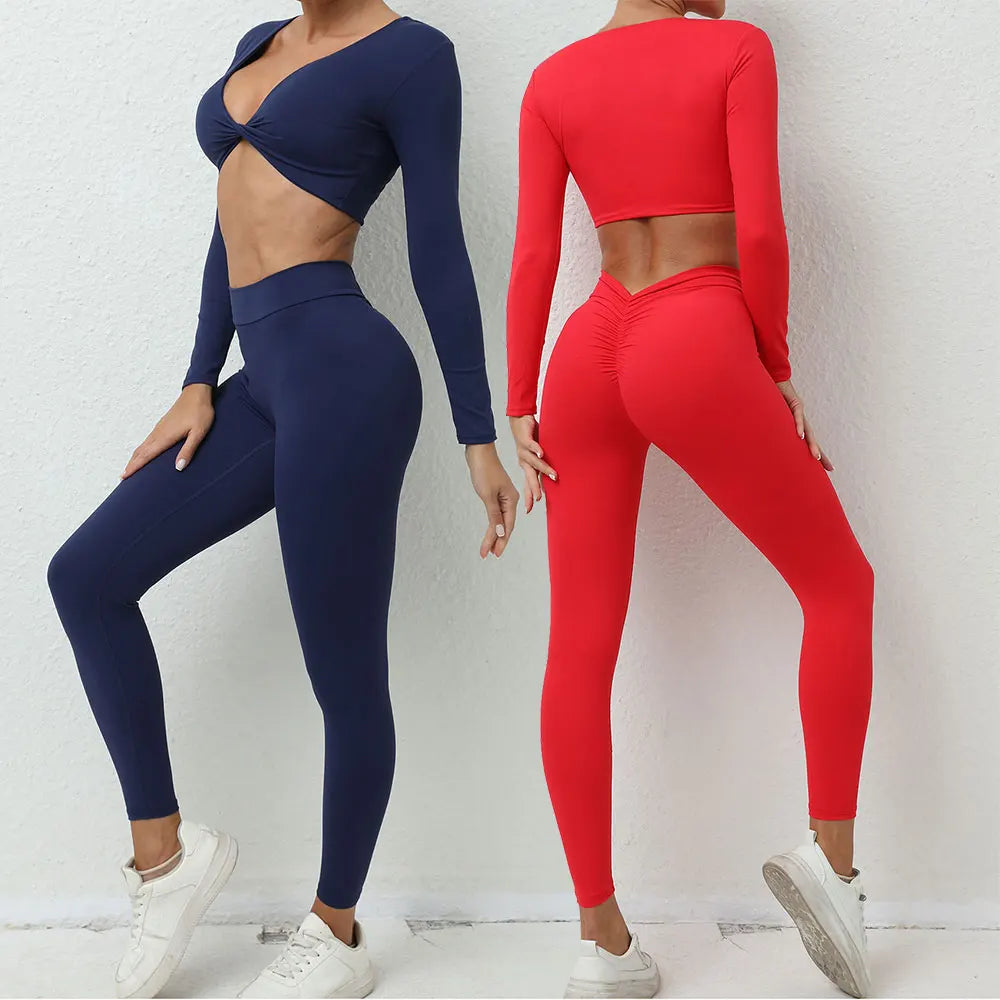 JUREN Yoga Set 2PCS Women Tracksuit Workout Set Sportswear Gym Clothes Fitness Long Sleeve High Waist Leggings Set Sports Suit