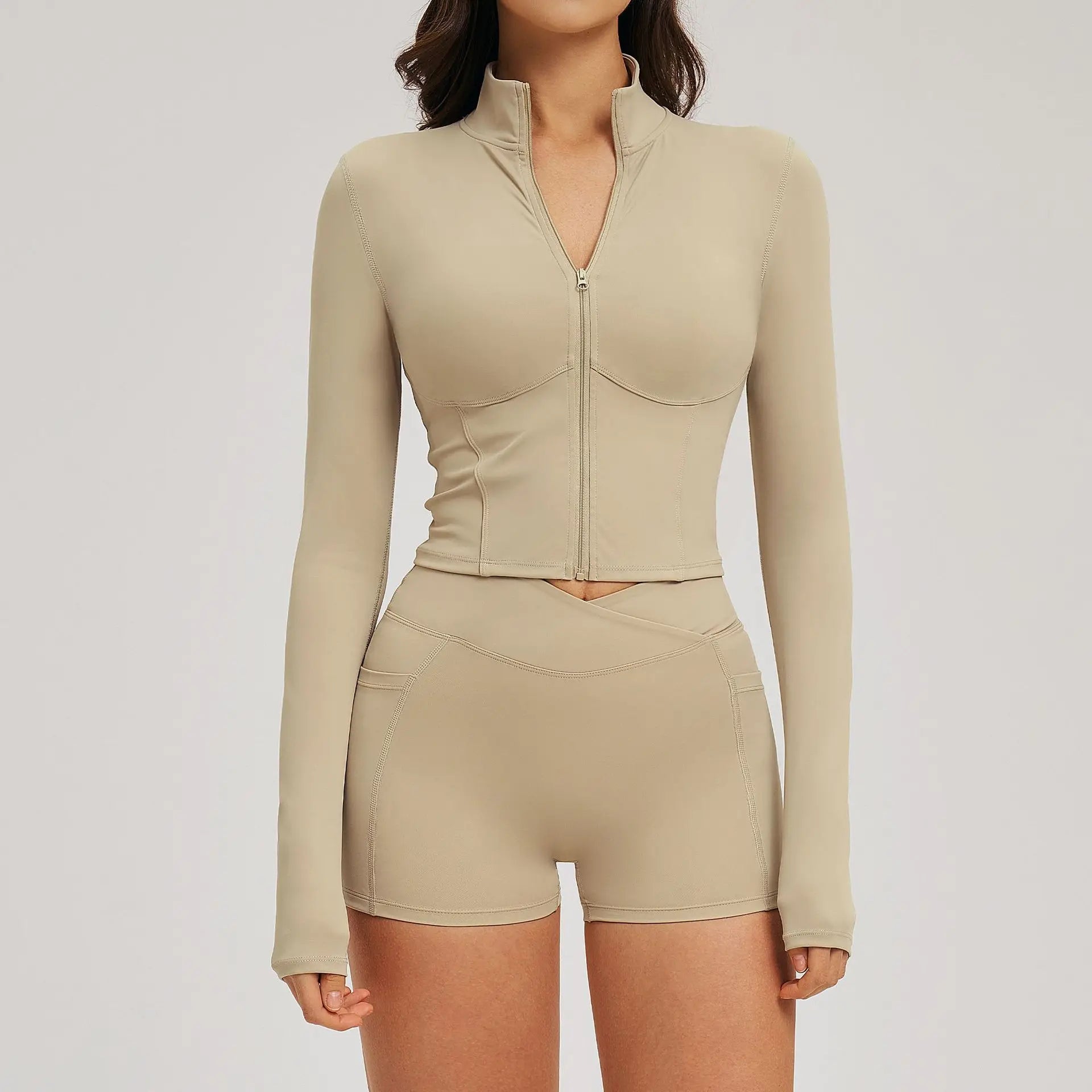 2PCS Yoga Set Women Workout Outfits Sportswear Gym Clothing Fitness Zipper Long Sleeve High Waist Shorts Sports Suit Tracksuit