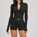 2PCS Yoga Set Women Workout Outfits Sportswear Gym Clothing Fitness Zipper Long Sleeve High Waist Shorts Sports Suit Tracksuit