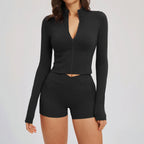 2PCS Yoga Set Women Workout Outfits Sportswear Gym Clothing Fitness Zipper Long Sleeve High Waist Shorts Sports Suit Tracksuit