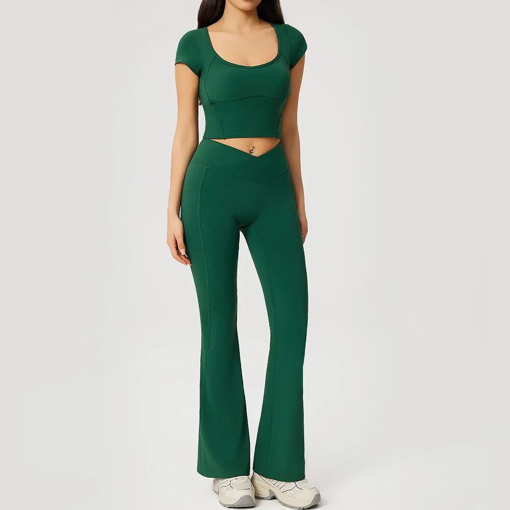 2 Pieces Yoga Set For Women Gym Clothes Sportswear Yoga Suits Fitness Short Sleeve Crop Top Tracksuits Sports Bra Gym Leggings