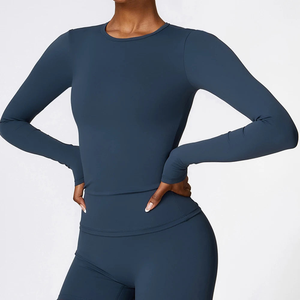 Yoga T-shirts Solid Sports Top Women Long Sleeve Gym Workout Running Shirts Sexy Exposed Navel Quick Dry Fitness Gym Sport Wear