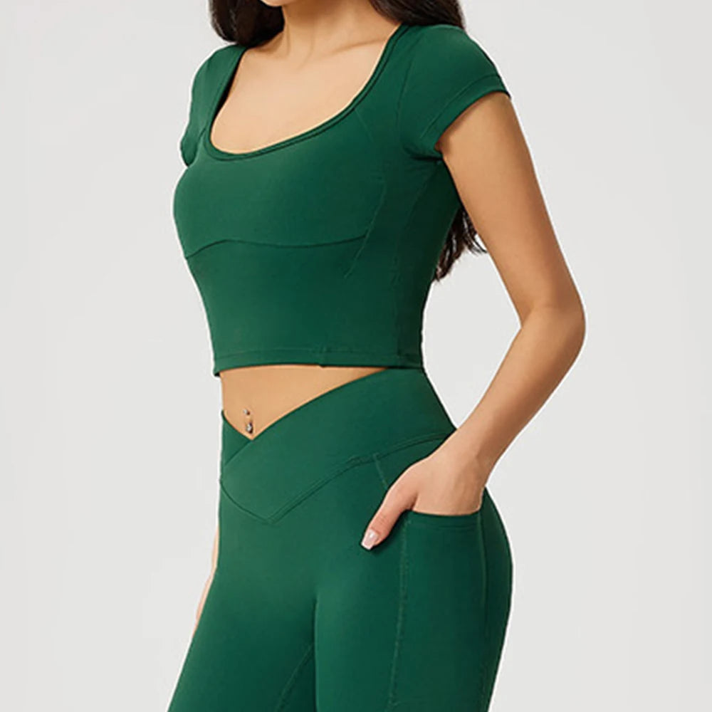 Women Tight Fitting Sports T-shirt Quick Drying Workout Short Sleeved Yoga T-shirt Pilate Running Exercise Fitness Short Sleeved