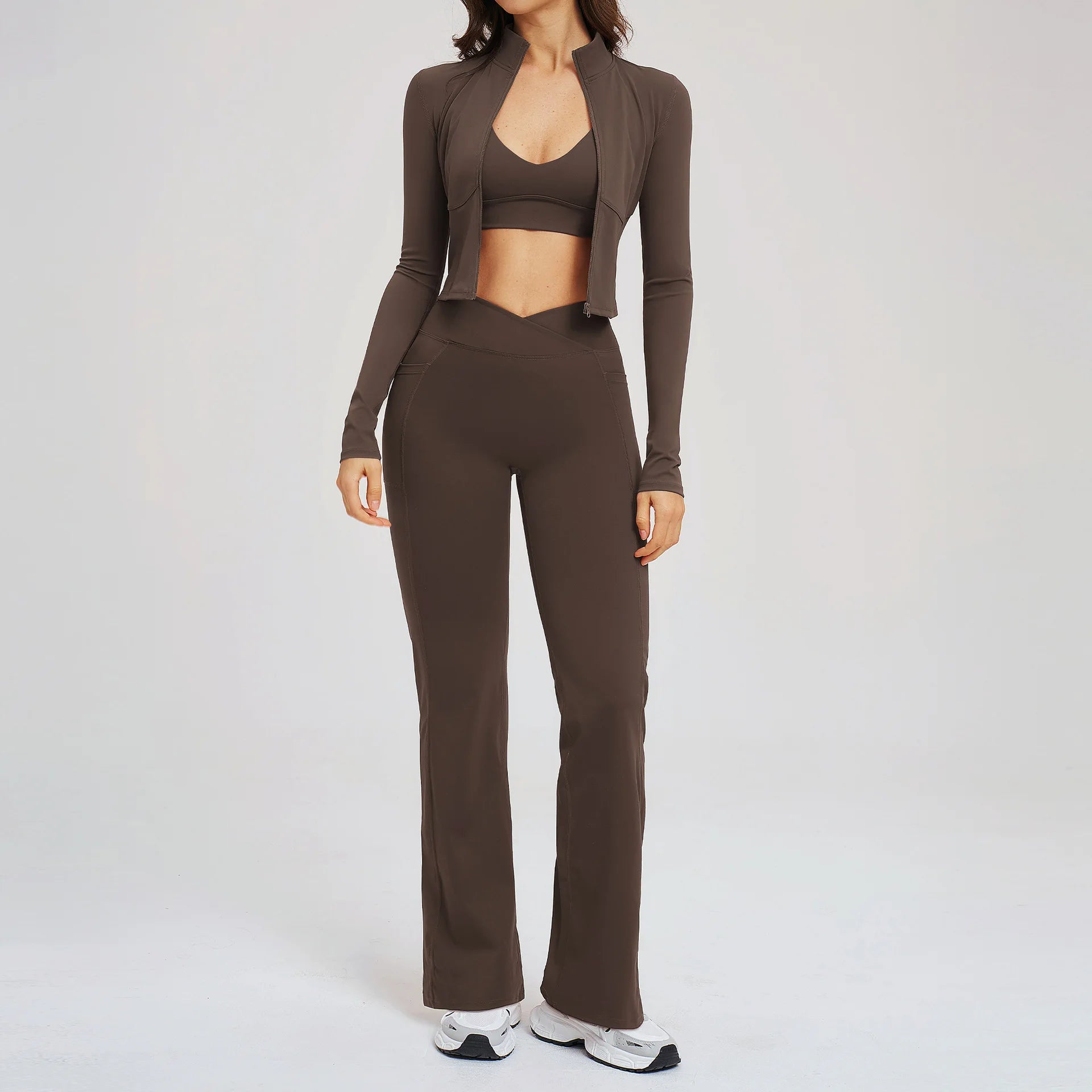 Yoga Set Workout Clothes 3PCS Women Tracksuit Sportswear Athletic Wear Gym Legging Fitness Bra Crop Top Long Sleeve Sports Suits