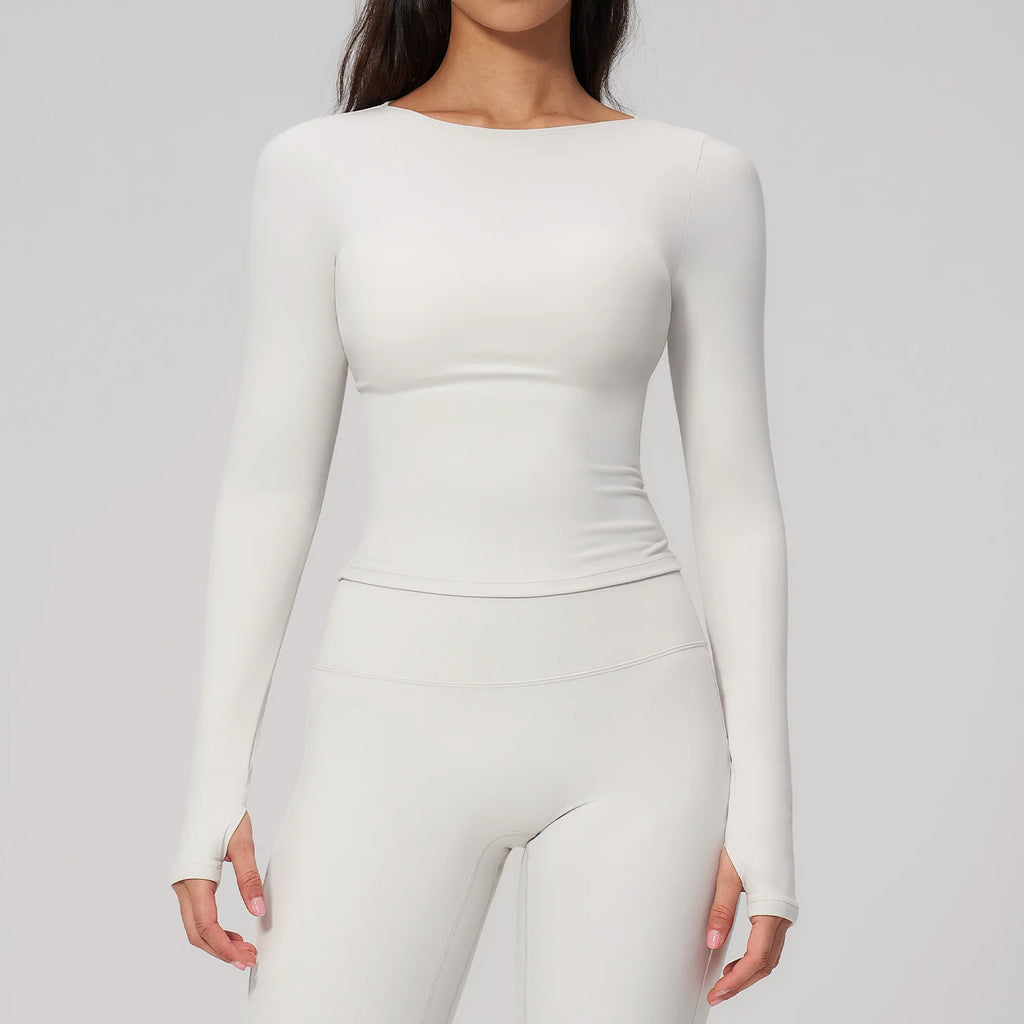 JUREN Women Yoga T-shirts Solid Sports Top Long Sleeve Gym Workout Running Shirts Exposed Navel Quick Dry Fitness Gym Sport Wear