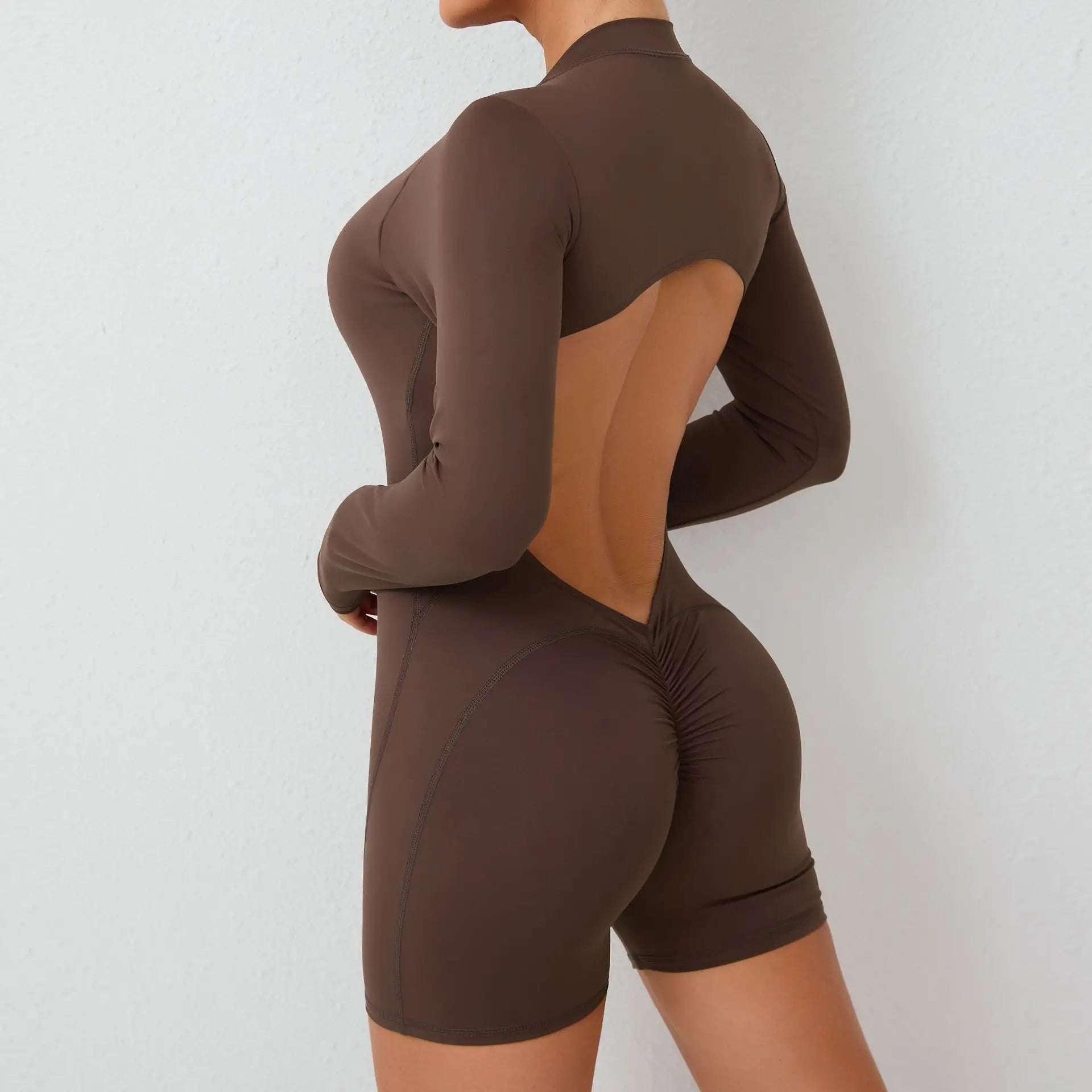 JUREN Sexy Back V Jumpsuit Women Tracksuit Yoga Set Sports Zipper Rompers Gym Long Sleeve Fitness Suit Gym Workout Bodysuit