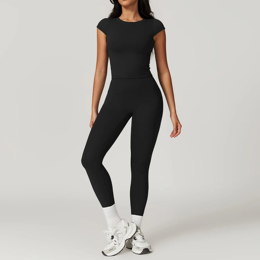Yoga Set 2PCS Sports Suit Gym Leggings Women Clothes Fitness Tracksuit Workout Short Sleeve Female Yoga Short Skirt Sportswear