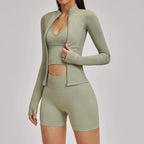 Seamless 3PCS Yoga Suit Sports Set Women Yoga Tracksuit Gym Running Workout Clothes Zipper Long Sleeve Sports Bra Athletic Wear
