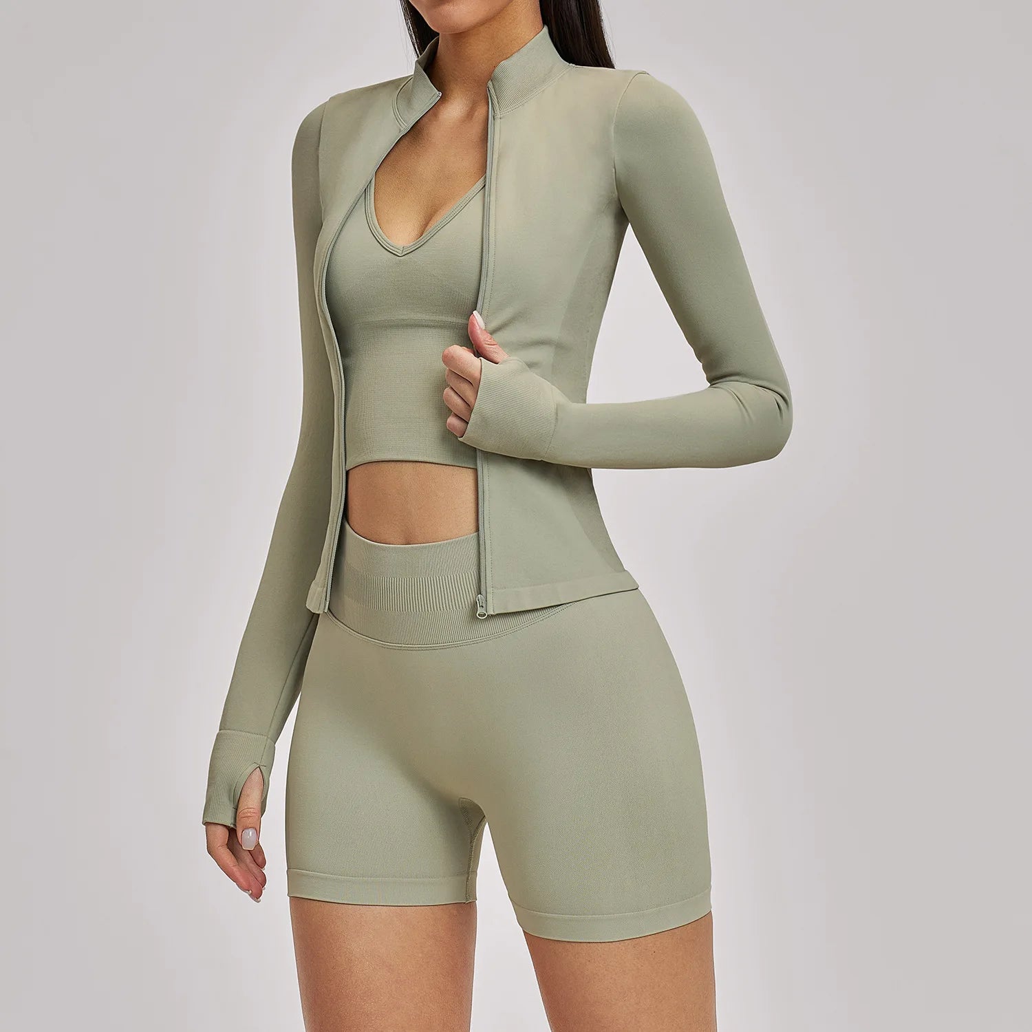 Seamless 3PCS Yoga Suit Sports Set Women Yoga Tracksuit Gym Running Workout Clothes Zipper Long Sleeve Sports Bra Athletic Wear