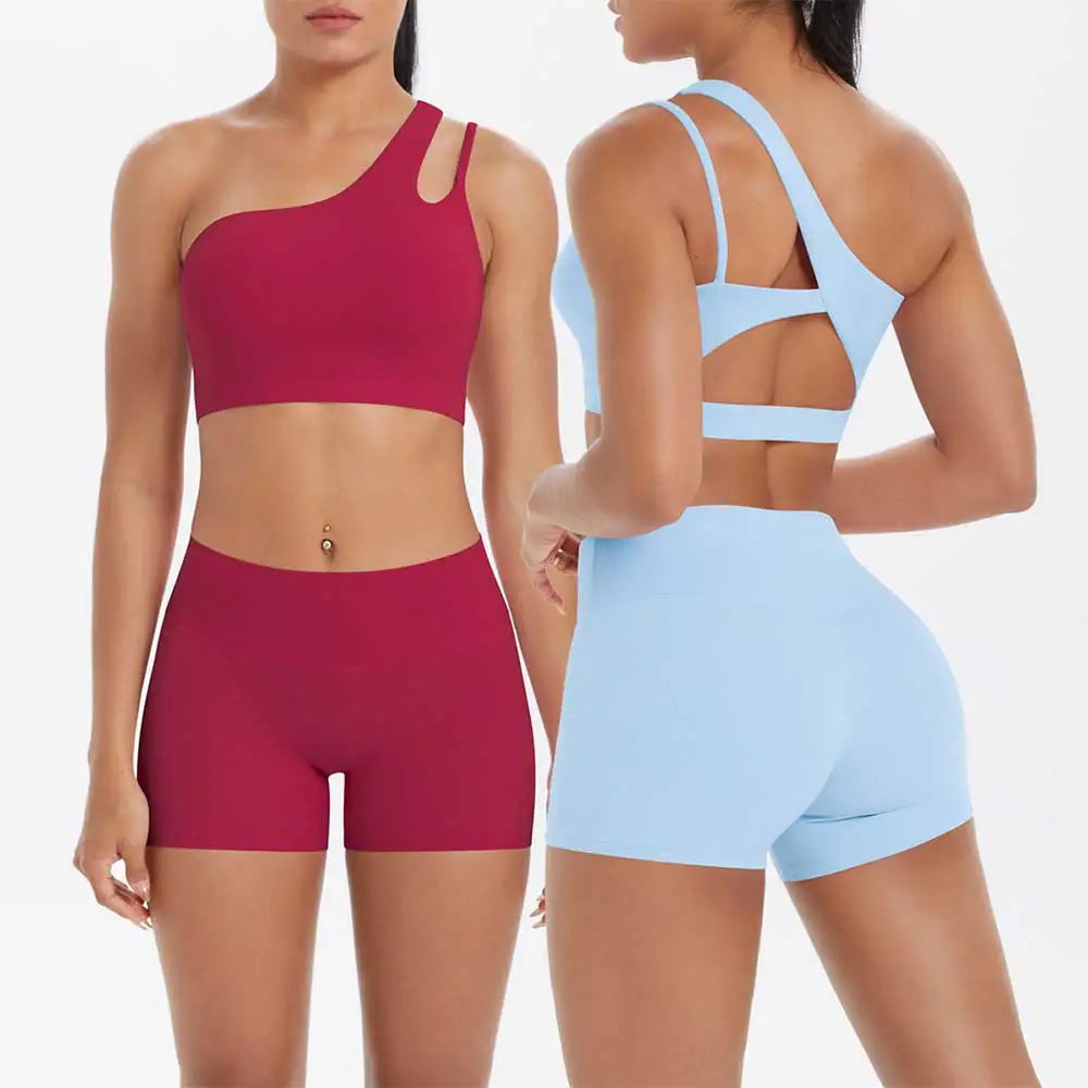 JUREN Yoga Clothes Set 2 Piece Gym Sports Shorts Set Women Tracksuit High Waist Shorts Fitness Suit Running Bra Workout Outfits