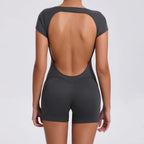 JUREN Jumpsuit Yoga Set Women Workout Set One Piece Sports Suit Short Sleeve Gym Clothes Push Up Fitness Set Bodysuit Sportswear