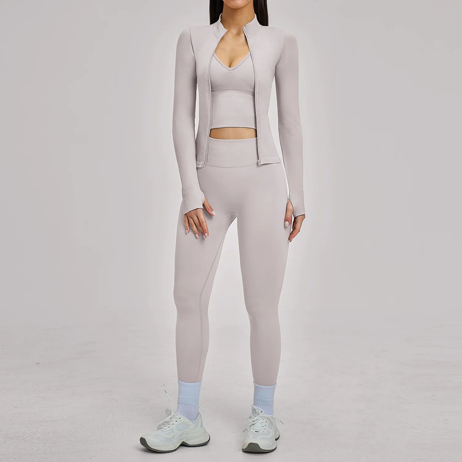 Seamless 3PCS Yoga Suit Sports Set Women Yoga Tracksuit Gym Running Workout Clothes Zipper Long Sleeve Sports Bra Athletic Wear