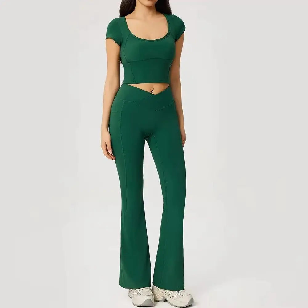 2 Pieces Yoga Set For Women Gym Clothes Sportswear Yoga Suits Fitness Short Sleeve Crop Top Tracksuits Sports Bra Gym Leggings