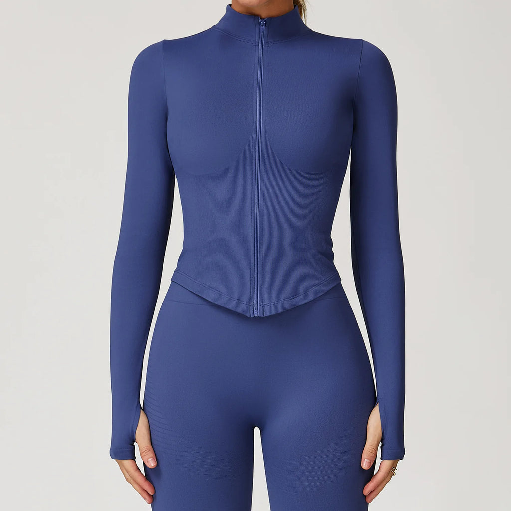 Ribbed Yoga Tops Women's Yoga Long Sleeved Standing Collar Sports Jacket Running Training Fitness Top Gym Workout Running Shirt