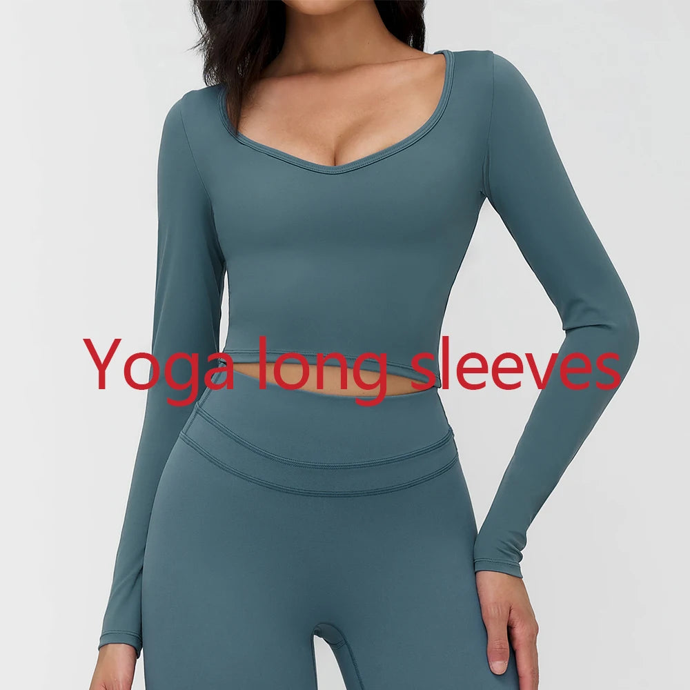 Women Yoga Shirts Crop Top Long Sleeves Shirts Women Yoga Sports Fitness T-shirt Running Gym Clothes High Elastic Workout Tops