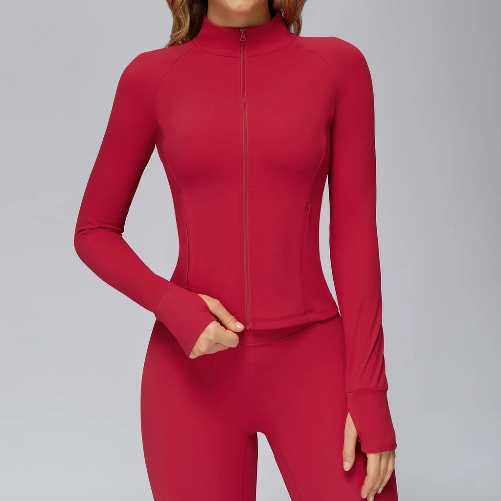 Zipper Jacket Women Crop Tops Pocket Yoga T-shirts Solid Sports Top Long Sleeve Running Shirts Quick Dry Fitness Gym Sport Wear