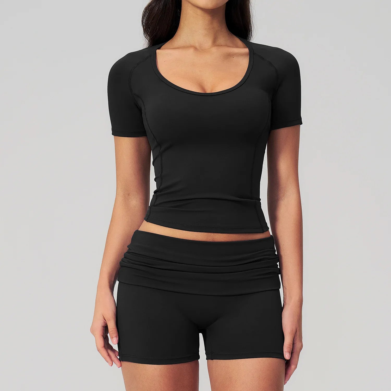 2PCS Athletic Wear Women's Tracksuit Sports Yoga Set Fitness Outfits Gym Clothes Sportswear Knitted Short Sleeve Top Gym Shorts