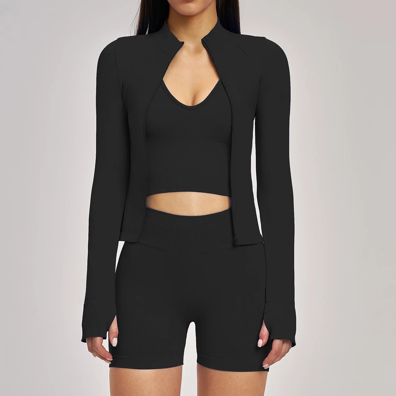 Seamless 3PCS Yoga Suit Sports Set Women Yoga Tracksuit Gym Running Workout Clothes Zipper Long Sleeve Sports Bra Athletic Wear