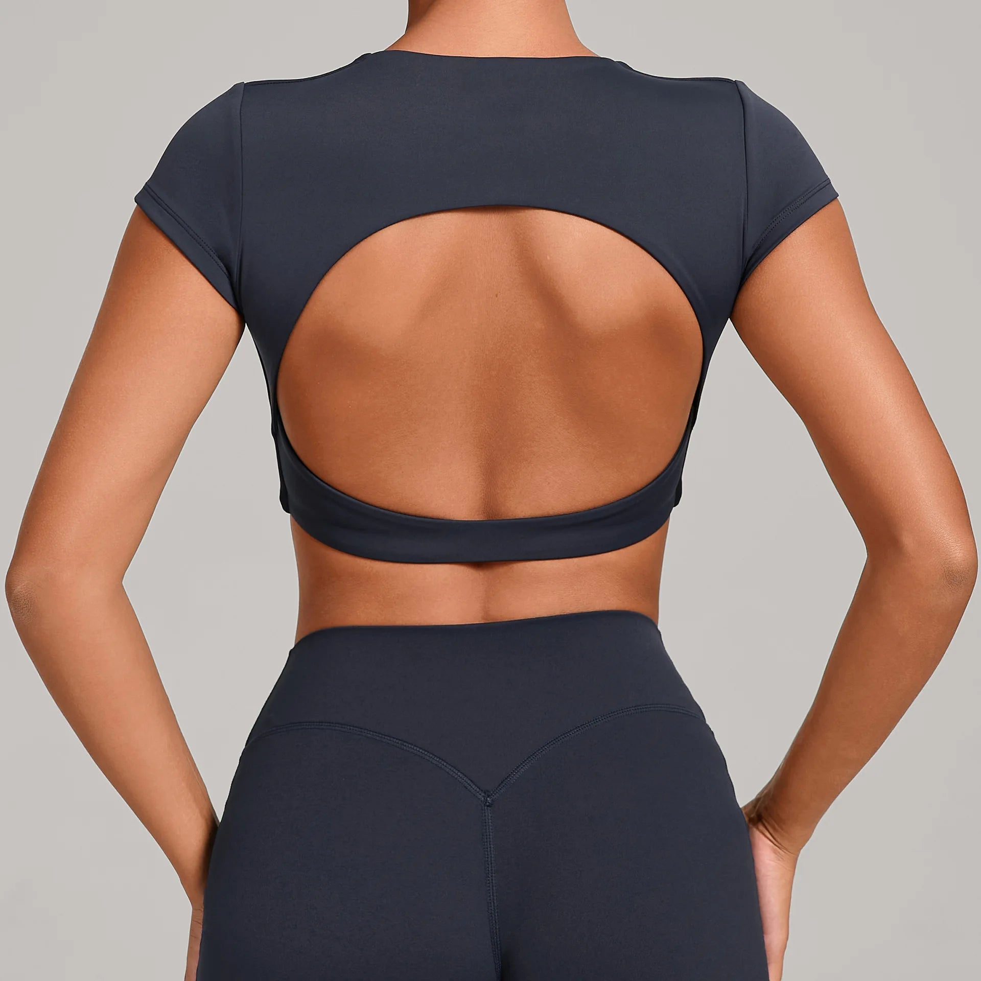 JUREN Sports Shirts Breathable Workout Tops Fitness Short Sleeves Female Backless Yoga Clothing Sport Crop Tops Women Gym Top