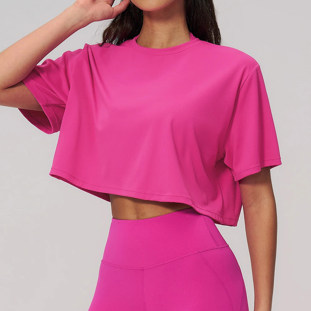 Summer Sports Short-sleeved Yoga Wear Workout Crop Top Loose Round Neck Short T-shirt Running Fitness Top Breathable Yoga Shirt
