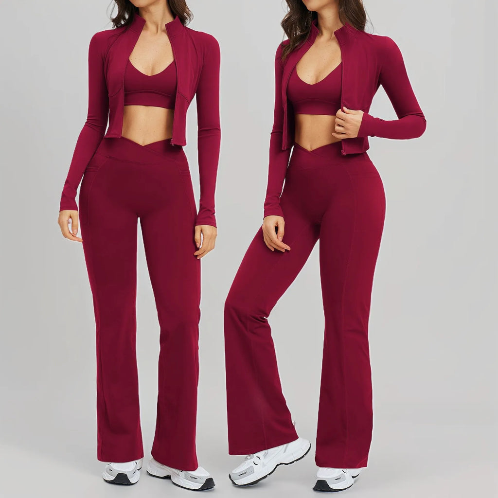 Yoga Set Workout Clothes 3PCS Women Tracksuit Sportswear Athletic Wear Gym Legging Fitness Bra Crop Top Long Sleeve Sports Suits