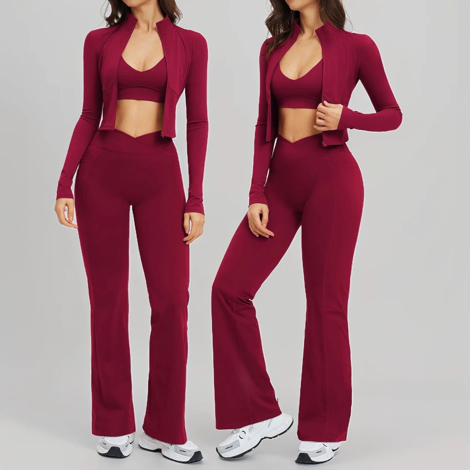 Yoga Set Workout Clothes 3PCS Women Tracksuit Sportswear Athletic Wear Gym Legging Fitness Bra Crop Top Long Sleeve Sports Suits