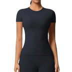 JUREN New Women Running Sports T Shirt Summer Short Sleeve Round Neck Breathable Stretchy Gym Yoga Slim Fitness Active Top Tee