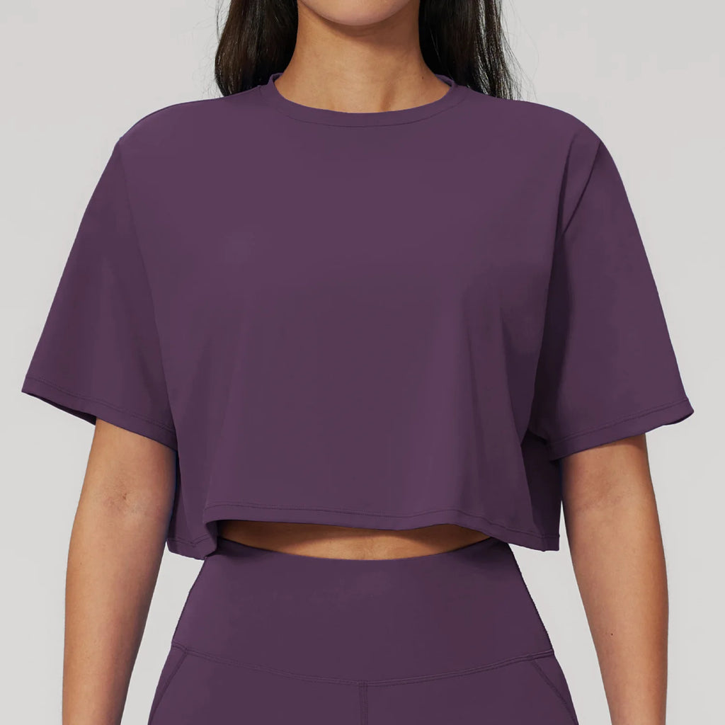 Summer Sports Short-sleeved Yoga Wear Workout Crop Top Loose Round Neck Short T-shirt Running Fitness Top Breathable Yoga Shirt