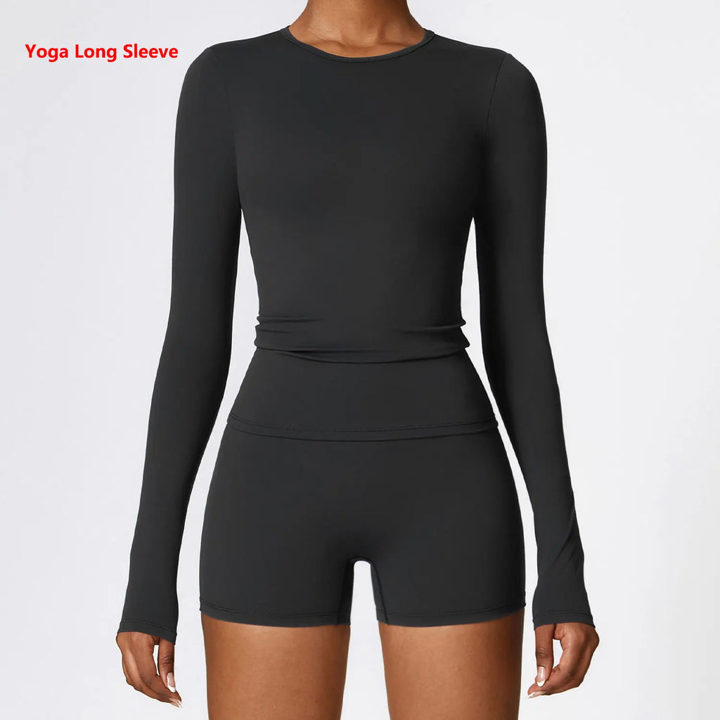 Yoga T-shirts Solid Sports Top Women Long Sleeve Gym Workout Running Shirts Sexy Exposed Navel Quick Dry Fitness Gym Sport Wear