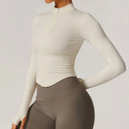 Ribbed Yoga Tops Women's Standing Collar Yoga Long Sleeved Sports Jacket Running Training Fitness Top Gym Workout Running Shirt