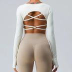 Sexy Women's Backless Shirt Seamless Crop Top Fitness Shirts Long Sleeve Gym Workout Sports Top Woman Front Yoga Tops Activewear
