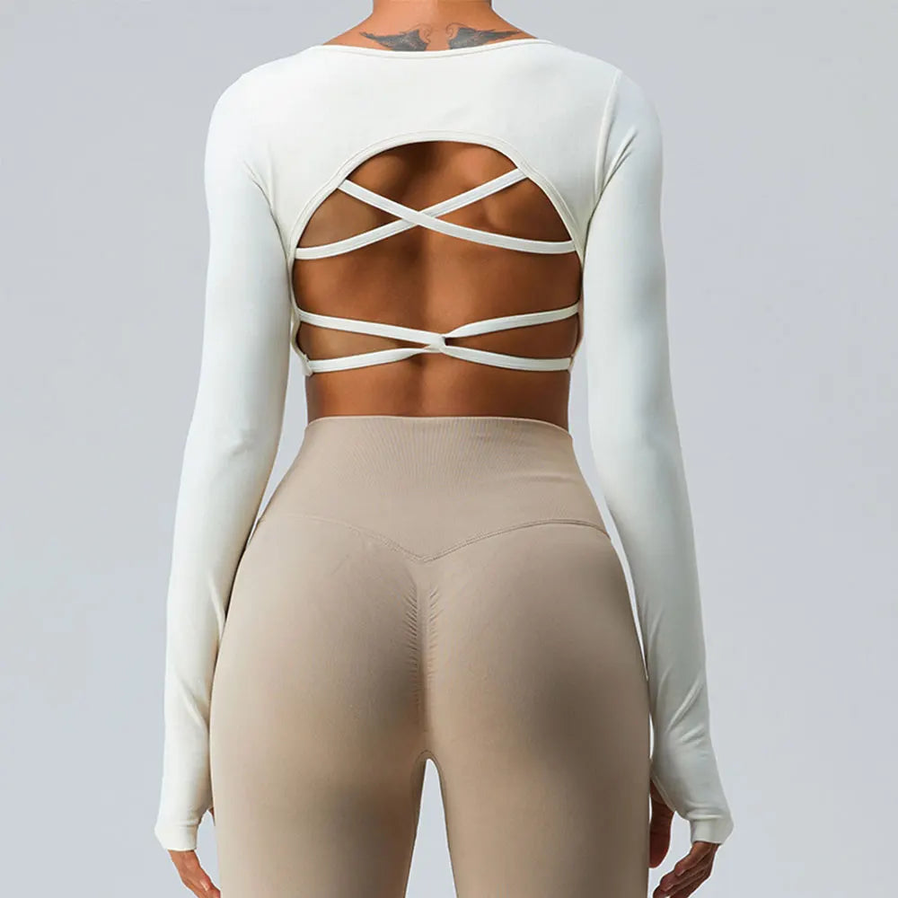 Sexy Women's Backless Shirt Seamless Crop Top Fitness Shirts Long Sleeve Gym Workout Sports Top Woman Front Yoga Tops Activewear