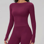 JUREN Women Yoga T-shirts Solid Sports Top Long Sleeve Gym Workout Running Shirts Exposed Navel Quick Dry Fitness Gym Sport Wear