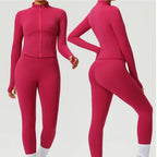 Women 2PCS Yoga Set Workout Sets Sportswear Gym Clothing Fitness Zipper Long Sleeve High Waist Leggings Sports Suits Yoga Suit