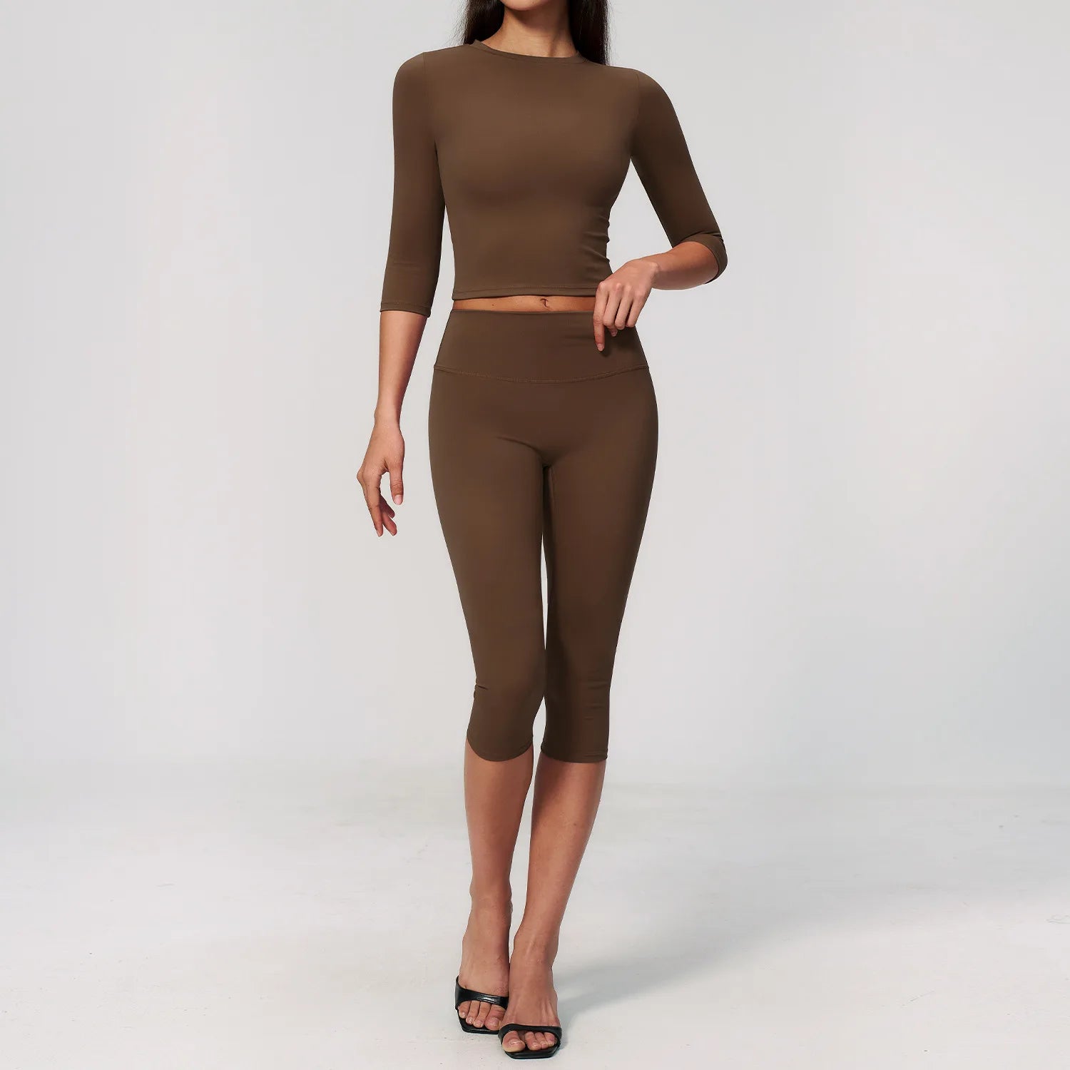 Yoga Set 2PCS Women Tracksuit Workout Suit Sportswear Gym Clothing Fitness Half Sleeve High Waist Leggings Cycling Capri Pants