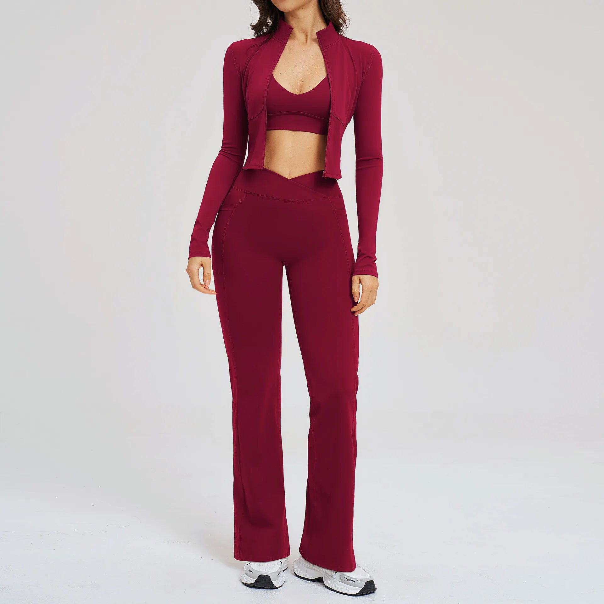 Yoga Set Workout Clothes 3PCS Women Tracksuit Sportswear Athletic Wear Gym Legging Fitness Bra Crop Top Long Sleeve Sports Suits