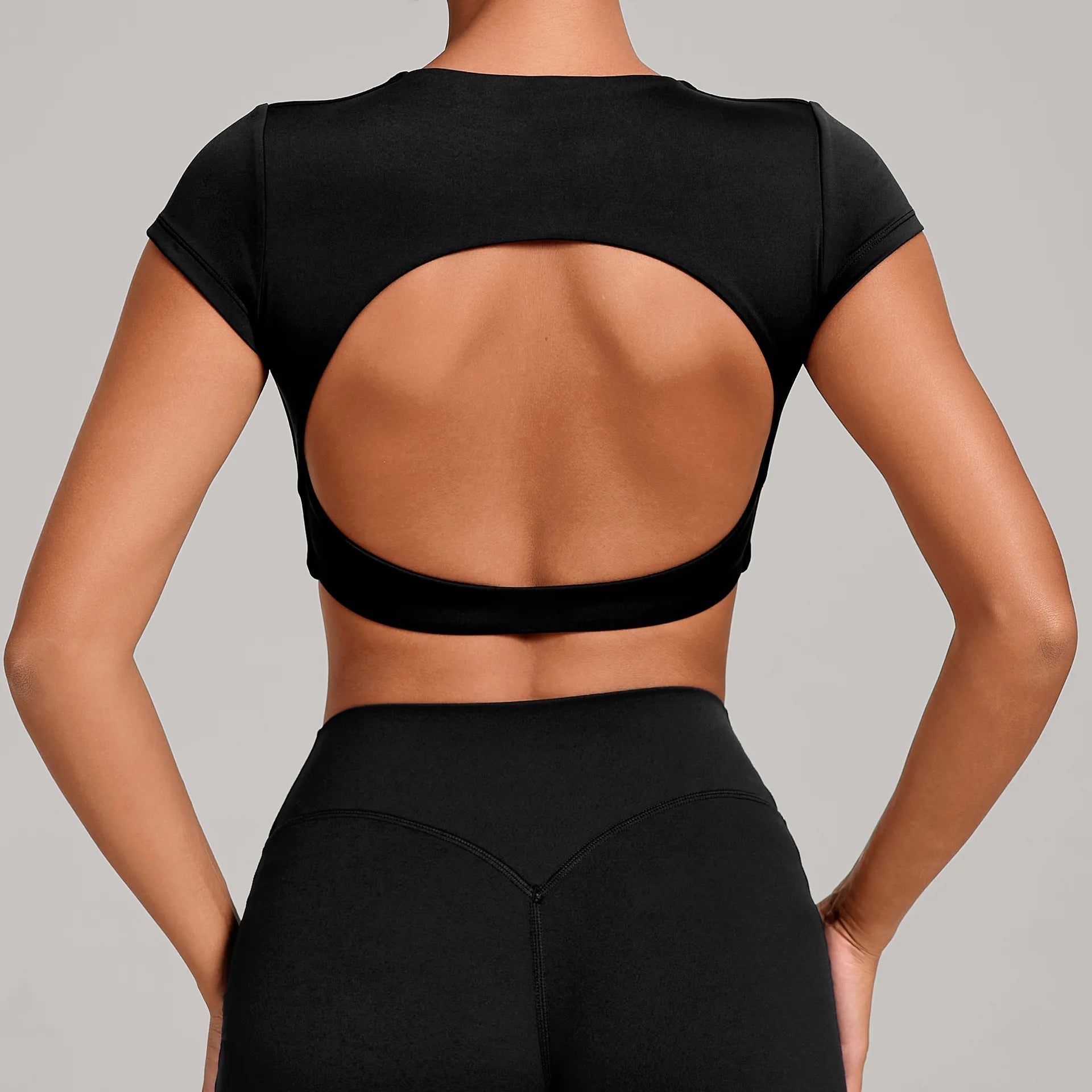 JUREN Sports Shirts Breathable Workout Tops Fitness Short Sleeves Female Backless Yoga Clothing Sport Crop Tops Women Gym Top