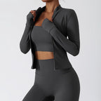Women Zipper Jacket Yoga T-shirts Solid Sports Top Long Sleeve Crop Tops Running Shirts Sexy Quick Dry Fitness Gym Sport Wear