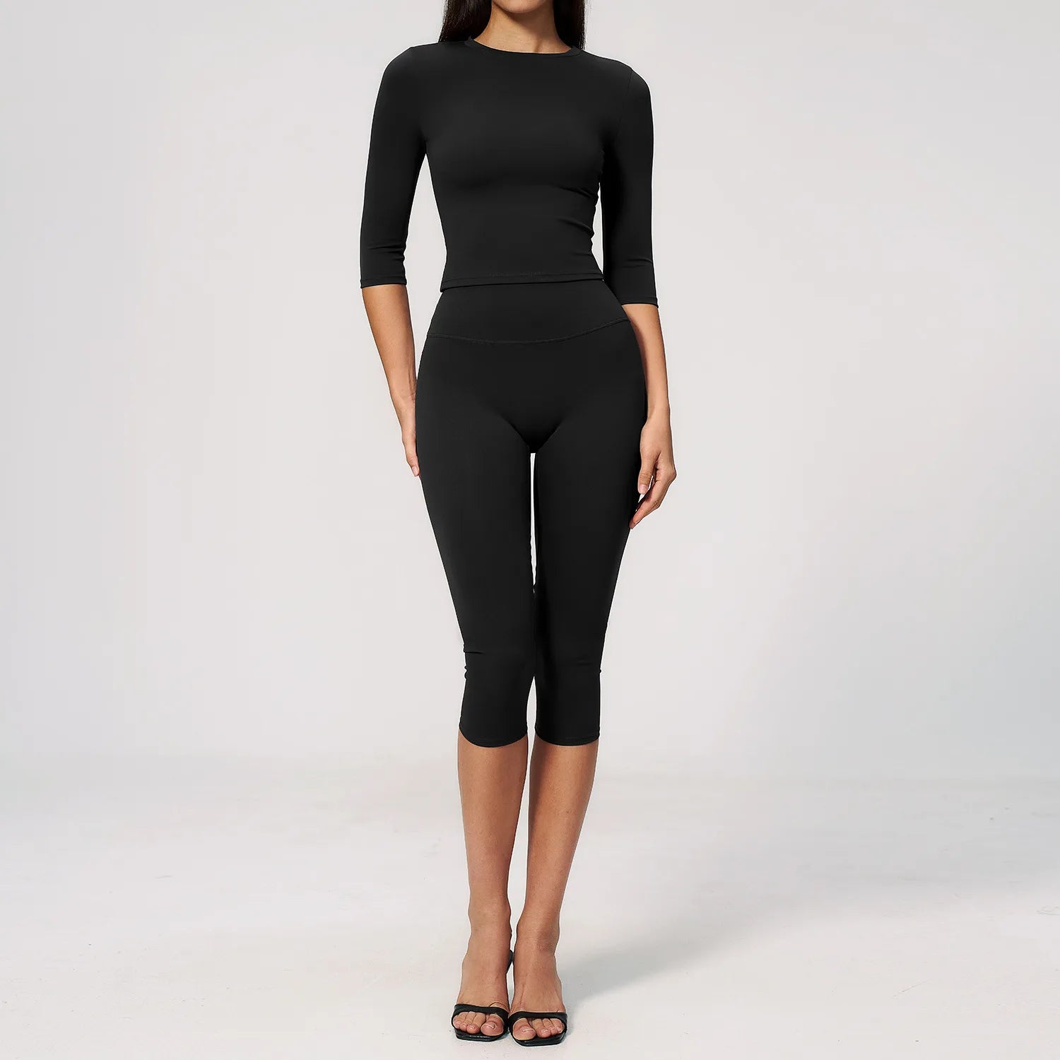 Yoga Set 2PCS Women Tracksuit Workout Suit Sportswear Gym Clothing Fitness Half Sleeve High Waist Leggings Cycling Capri Pants