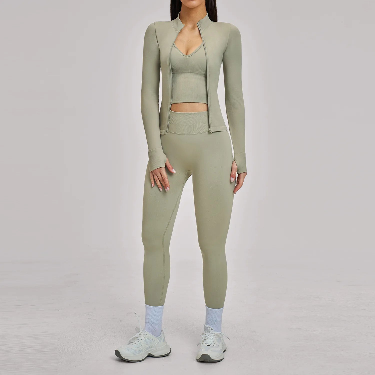 Seamless 3PCS Yoga Suit Sports Set Women Yoga Tracksuit Gym Running Workout Clothes Zipper Long Sleeve Sports Bra Athletic Wear