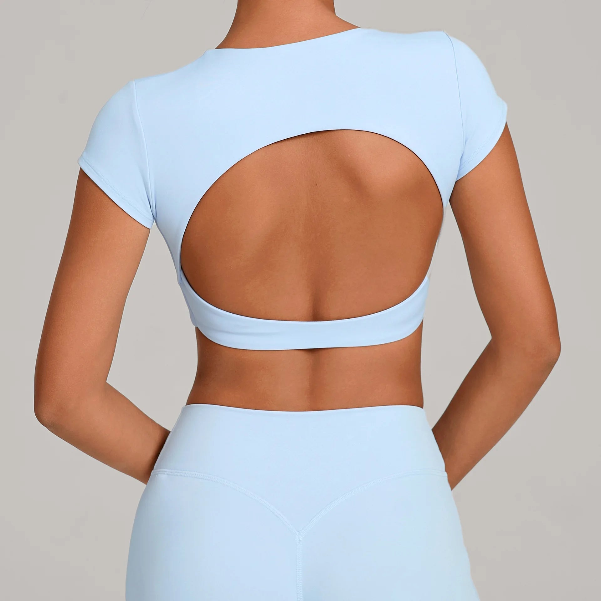 JUREN Sports Shirts Breathable Workout Tops Fitness Short Sleeves Female Backless Yoga Clothing Sport Crop Tops Women Gym Top