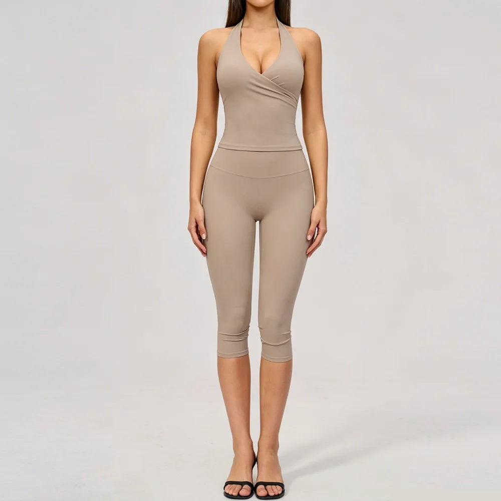 Yoga Set 2PCS Women Tracksuit Sports Set Fitness Outfits Sportswear Workout Clothes Running Capri Pants Gym Suit Athletic Wear