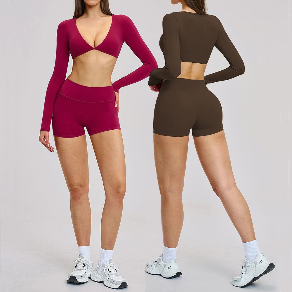 2PCS Yoga Suit Women Sports Outfits Quick-Drying Gym Set Women Tracksuit Running Workout Long Sleeve Sports Shirt Yoga Clothing